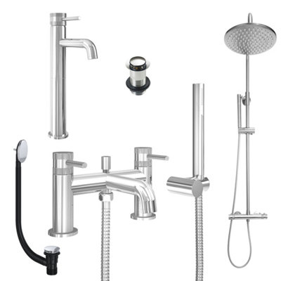 FNX Bathrooms Chrome Tall Basin Mixer TapBath Shower Mixer And Rigid Riser Shower With Unslotted Basin And Bath Waste from B&Q