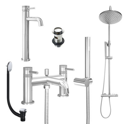 FNX Bathrooms Chrome Tall Basin Mixer TapBath Shower Mixer And Rigid Riser Shower With Slotted Basin And Bath Waste from B&Q