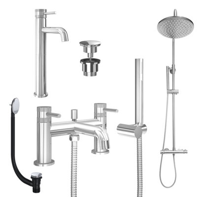 FNX Bathrooms Chrome Tall Basin Mixer TapBath Shower Mixer And Rigid Riser Shower With Universal Basin And Bath Waste from B&Q