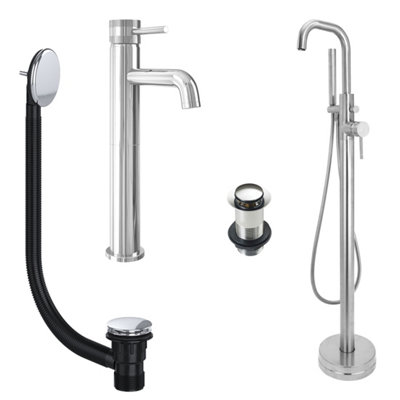 FNX Bathrooms Chrome Tall Basin Mixer Tap And Freestanding Bath Shower Mixer Tap With Handset And Unslotted Basin And Bath Waste from B&Q