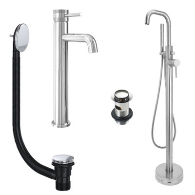 FNX Bathrooms Chrome Tall Basin Mixer Tap And Freestanding Bath Shower Mixer Tap With Handset And Slotted Basin And Bath Waste from B&Q
