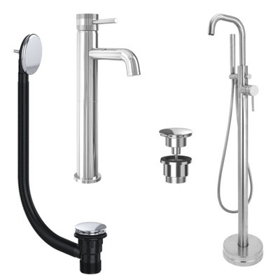 FNX Bathrooms Chrome Tall Basin Mixer Tap And Freestanding Bath Shower Mixer Tap With Handset And Universal Basin And Bath Waste from B&Q