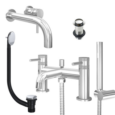 FNX Bathrooms Chrome Wall Mounted Basin Mixer Tap And Bath Shower Mixer With Unslotted Basin And Bath WasteDual Handle Options from B&Q