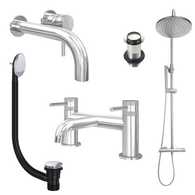FNX Bathrooms Chrome Wall Mounted Basin Mixer TapBath Filler And Rigid Riser Shower With Unslotted Basin And Bath Waste from B&Q