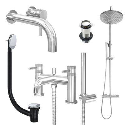 FNX Bathrooms Chrome Wall Mounted Basin Mixer TapBath Shower Mixer And Rigid Riser Shower With Unslotted Basin And Bath Waste from B&Q