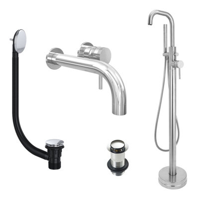 FNX Bathrooms Chrome Wall Mounted Basin Mixer Tap And Freestanding Bath Shower Mixer Tap With Handset And Unslotted Basin And Bath Waste from B&Q