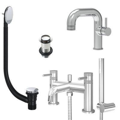 FNX Bathrooms Chrome Side Lever Basin Mixer Tap And Bath Shower Mixer With Unslotted Basin And Bath WasteDual Handle Options from B&Q