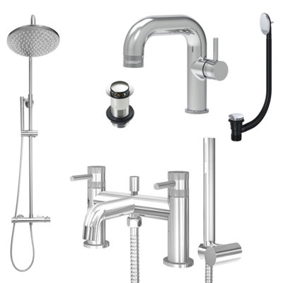 FNX Bathrooms Chrome Side Lever Basin Mixer TapBath Shower Mixer And Rigid Riser Shower With Unslotted Basin And Bath Waste from B&Q