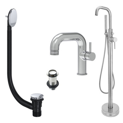 FNX Bathrooms Chrome Side Lever Basin Mixer Tap And Freestanding Bath Shower Mixer Tap With Handset And Unslotted Basin And Bath Waste from B&Q