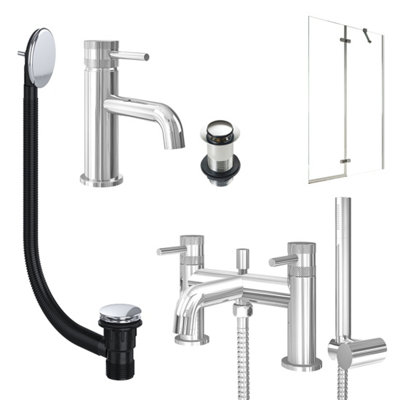 FNX Bathrooms Chrome Basin Mixer TapBath Shower Mixer With Unslotted Basin And Bath Waste And Pivot Bath Screen from B&Q