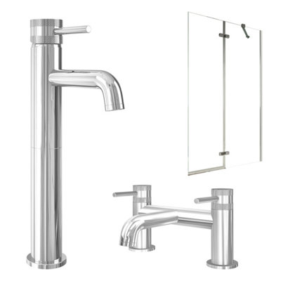 FNX Bathrooms Chrome Tall Basin Mixer Tap With Bath Filler And Pivot Bath Screen from B&Q