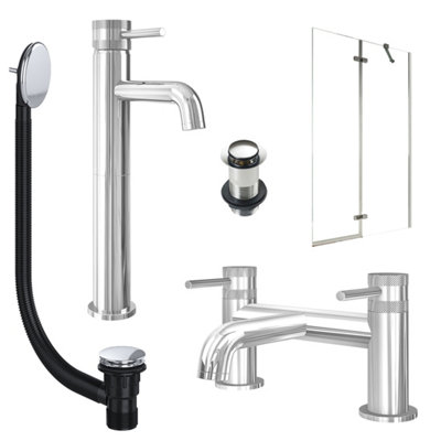 FNX Bathrooms Chrome Tall Basin Mixer TapBath Filler With Unslotted Basin And Bath Waste And Pivot Bath Screen from B&Q