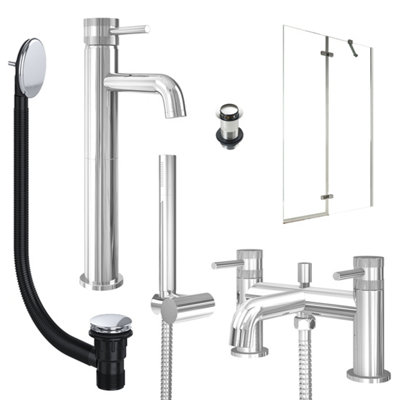 FNX Bathrooms Chrome Tall Basin Mixer TapBath Shower Mixer With Unslotted Basin And Bath Waste And Pivot Bath Screen from B&Q