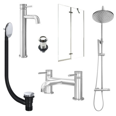 FNX Bathrooms Chrome Tall Basin Mixer TapBath Filler And Rigid Shower With Unslotted Basin And Bath Waste And Pivot Bath Screen from B&Q