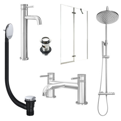 FNX Bathrooms Chrome Tall Basin Mixer TapBath Filler And Rigid Shower With Slotted Basin And Bath Waste And Pivot Bath Screen from B&Q