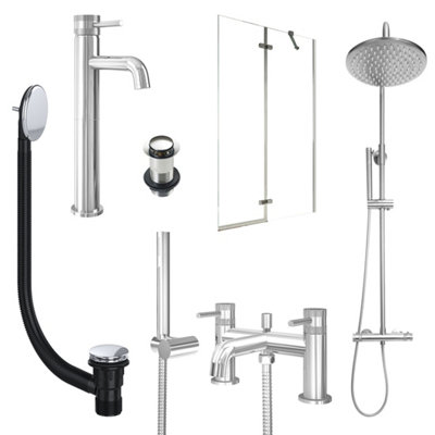 FNX Bathrooms Chrome Tall Basin Mixer TapBath Shower Mixer And Rigid Shower With Unslotted Basin And Bath Waste And Pivot Bath Screen from B&Q
