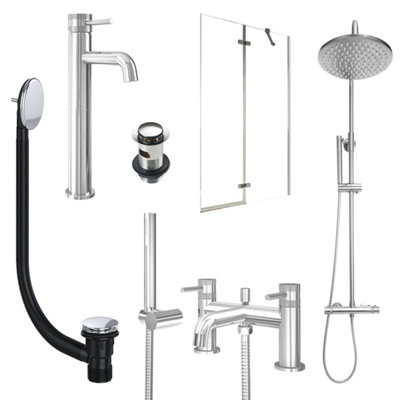 FNX Bathrooms Chrome Tall Basin Mixer TapBath Shower Mixer And Rigid Shower With Slotted Basin And Bath Waste And Pivot Bath Screen from B&Q