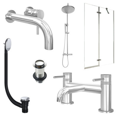 FNX Bathrooms Chrome Wall Mounted Basin Mixer TapBath Filler And Rigid Shower With Unslotted Basin And Bath Waste And Pivot Bath Screen from B&Q