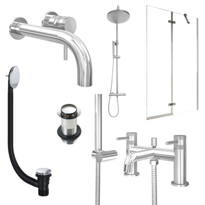 FNX Bathrooms Chrome Wall Mounted Basin Mixer TapBath Shower Mixer And Rigid Shower With Unslotted Basin And Bath Waste And Pivot Bath Screen from B&Q