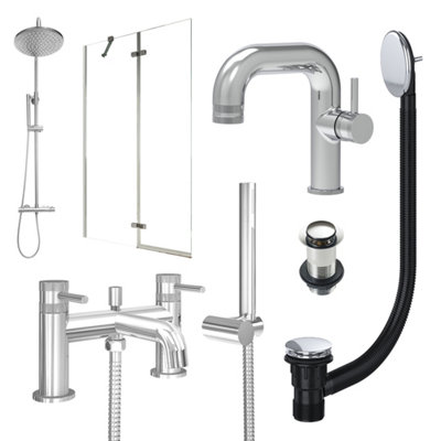 FNX Bathrooms Chrome Side Lever Basin Mixer TapBath Shower Mixer And Rigid Shower With Unslotted Basin And Bath Waste And Pivot Bath Screen from B&Q