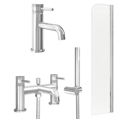 FNX Bathrooms Chrome Basin Mixer TapBath Shower Mixer And Radius Bath Screen from B&Q