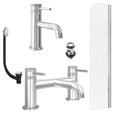 FNX Bathrooms Chrome Basin Mixer TapBath Filler With Slotted Basin And Bath Waste And Radius Bath Screen from B&Q