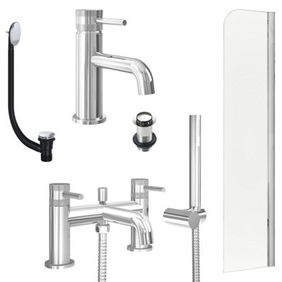 FNX Bathrooms Chrome Basin Mixer TapBath Shower Mixer With Unslotted Basin And Bath Waste And Radius Bath Screen from B&Q