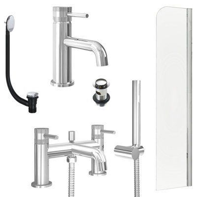 FNX Bathrooms Chrome Basin Mixer TapBath Shower Mixer With Slotted Basin And Bath Waste And Radius Bath Screen from B&Q