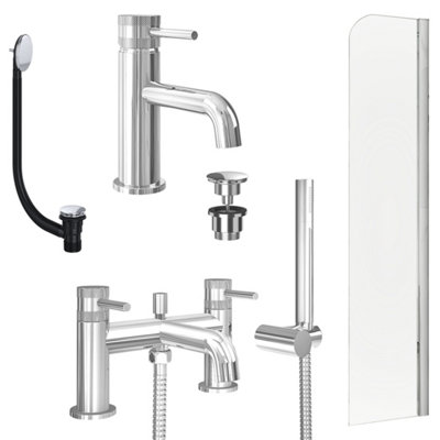 FNX Bathrooms Chrome Basin Mixer TapBath Shower Mixer With Universal Basin And Bath Waste And Radius Bath Screen from B&Q
