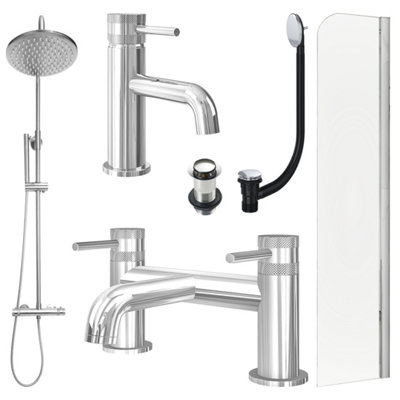 FNX Bathrooms Chrome Basin Mixer TapBath Filler And Rigid Shower With Unslotted Basin And Bath Waste And Radius Bath Screen from B&Q
