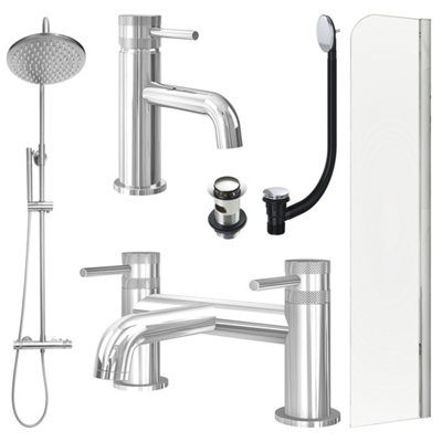 FNX Bathrooms Chrome Basin Mixer TapBath Filler And Rigid Shower With Slotted Basin And Bath Waste And Radius Bath Screen from B&Q