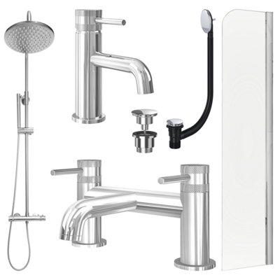 FNX Bathrooms Chrome Basin Mixer TapBath Filler And Rigid Shower With Universal Basin And Bath Waste And Radius Bath Screen from B&Q