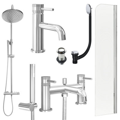 FNX Bathrooms Chrome Basin Mixer TapBath Shower Mixer And Rigid Shower With Unslotted Basin And Bath Waste And Radius Bath Screen from B&Q