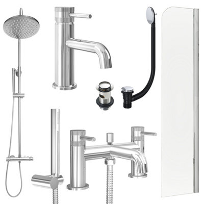 FNX Bathrooms Chrome Basin Mixer TapBath Shower Mixer And Rigid Shower With Slotted Basin And Bath Waste And Radius Bath Screen from B&Q
