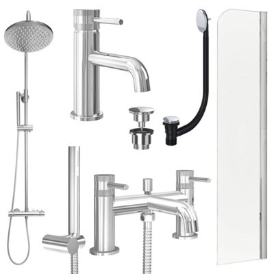 FNX Bathrooms Chrome Basin Mixer TapBath Shower Mixer And Rigid Shower With Universal Basin And Bath Waste And Radius Bath Screen from B&Q