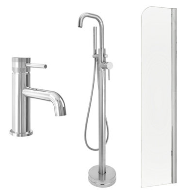 FNX Bathrooms Chrome Basin Mixer And Freestanding Bath Shower Mixer And Radius Bath Screen from B&Q