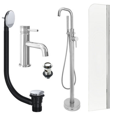FNX Bathrooms Chrome Basin Mixer And Freestanding Bath Shower Mixer And Slotted Basin And Bath Waste And Radius Bath Screen from B&Q
