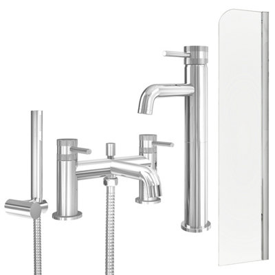 FNX Bathrooms Chrome Tall Basin Mixer TapBath Shower Mixer And Radius Bath Screen from B&Q