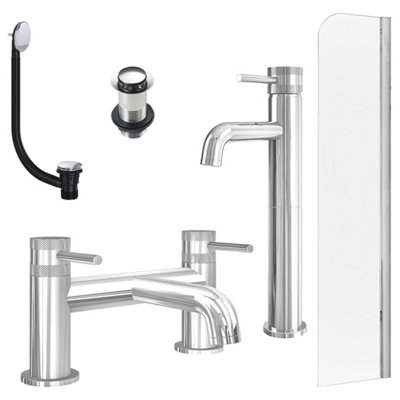FNX Bathrooms Chrome Tall Basin Mixer TapBath Filler With Unslotted Basin And Bath Waste And Radius Bath Screen from B&Q