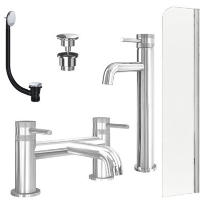 FNX Bathrooms Chrome Tall Basin Mixer TapBath Filler With Universal Basin And Bath Waste And Radius Bath Screen from B&Q