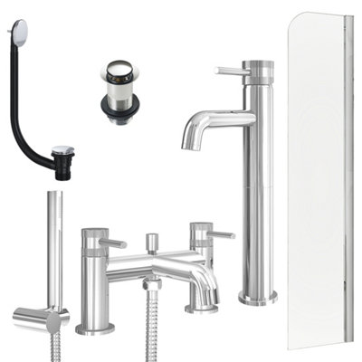 FNX Bathrooms Chrome Tall Basin Mixer TapBath Shower Mixer With Unslotted Basin And Bath Waste And Radius Bath Screen from B&Q