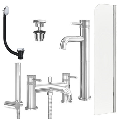 FNX Bathrooms Chrome Tall Basin Mixer TapBath Shower Mixer With Universal Basin And Bath Waste And Radius Bath Screen from B&Q