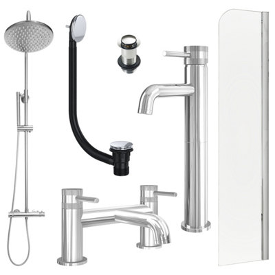 FNX Bathrooms Chrome Tall Basin Mixer TapBath Filler And Rigid Shower With Unslotted Basin And Bath Waste And Radius Bath Screen from B&Q