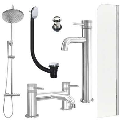 FNX Bathrooms Chrome Tall Basin Mixer TapBath Filler And Rigid Shower With Slotted Basin And Bath Waste And Radius Bath Screen from B&Q