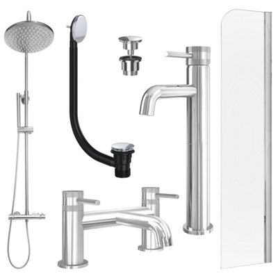 FNX Bathrooms Chrome Tall Basin Mixer TapBath Filler And Rigid Shower With Universal Basin And Bath Waste And Radius Bath Screen from B&Q