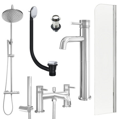 FNX Bathrooms Chrome Tall Basin Mixer TapBath Shower Mixer And Rigid Shower With Unslotted Basin And Bath Waste And Radius Bath Screen from B&Q