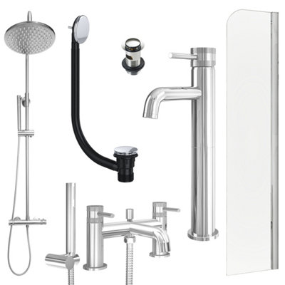 FNX Bathrooms Chrome Tall Basin Mixer TapBath Shower Mixer And Rigid Shower With Slotted Basin And Bath Waste And Radius Bath Screen from B&Q
