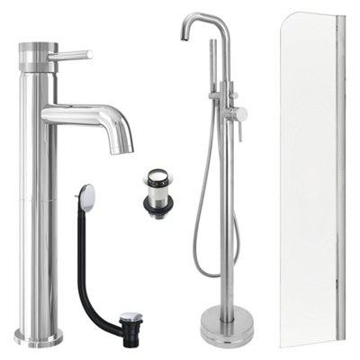FNX Bathrooms Chrome Tall Basin Mixer TapFreestanding Bath Shower Mixer And Unslotted Basin And Bath Waste And Radius Bath Screen from B&Q
