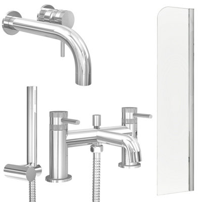 FNX Bathrooms Chrome Wall Mounted Basin Mixer TapBath Shower Mixer And Radius Bath Screen from B&Q