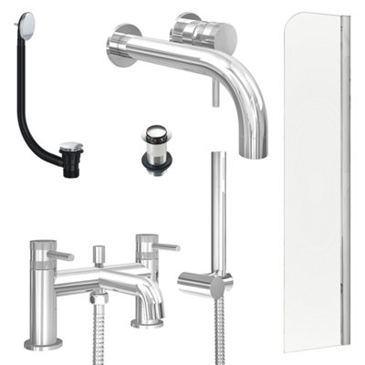 FNX Bathrooms Chrome Wall Mounted Basin Mixer TapBath Shower Mixer With Unslotted Basin And Bath Waste And Radius Bath Screen from B&Q